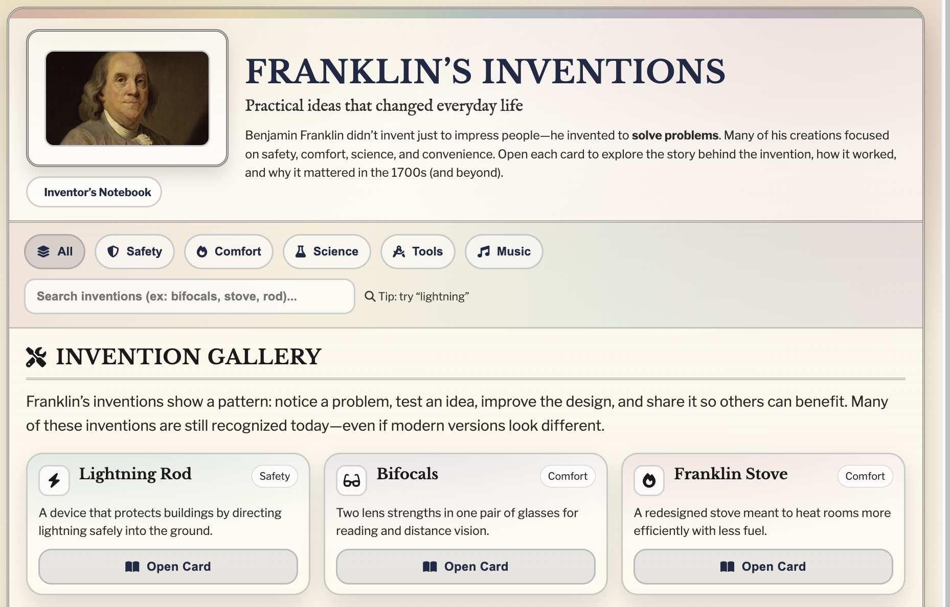The Inventions of Benjamin Franklin Interactive Infographic and Scavenger Hunt